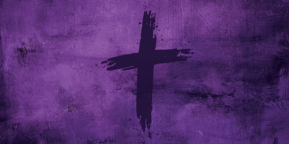 Purple distressed background with a dark purple cross in middle