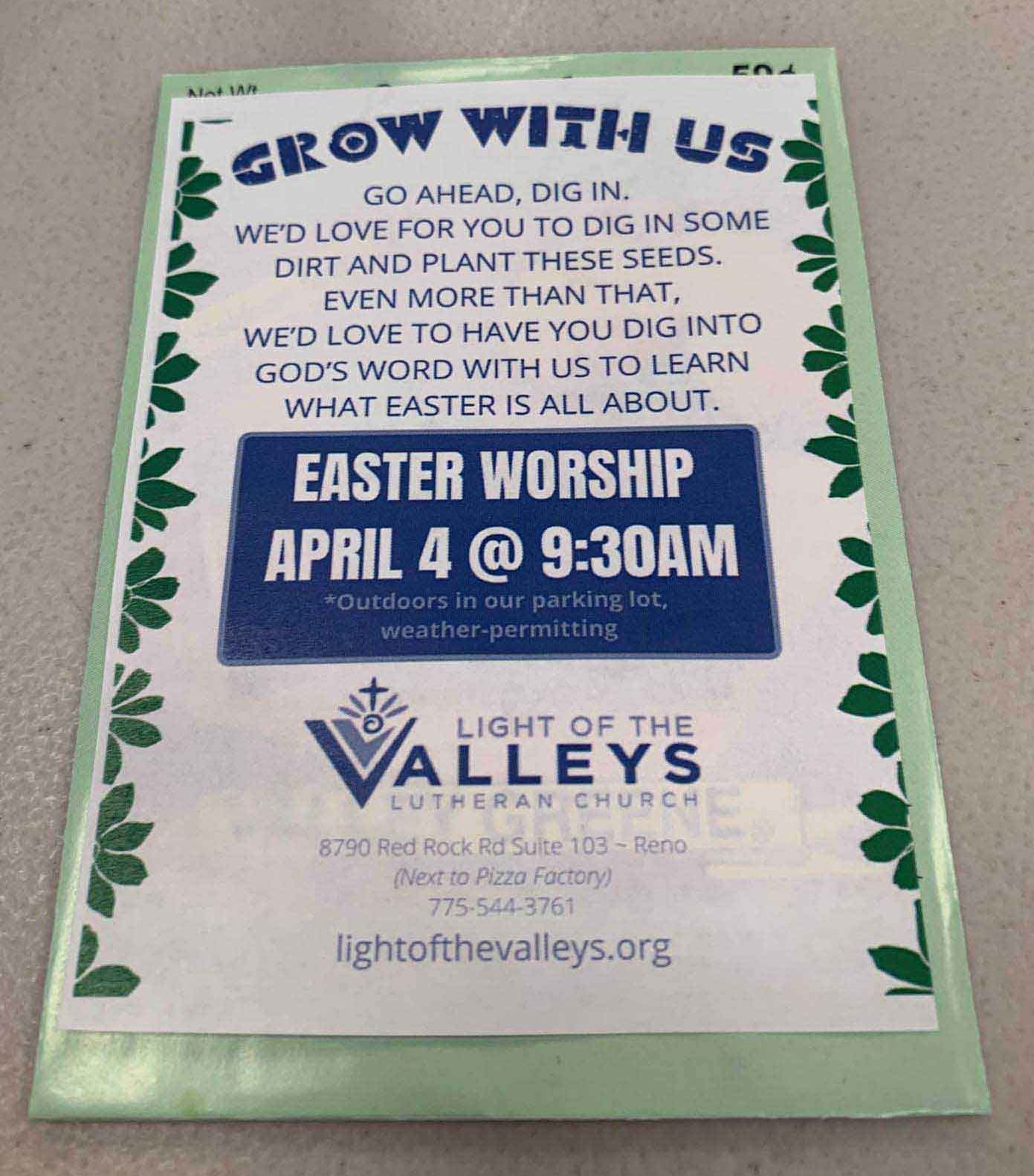 Seed packet with Easter worship invitation