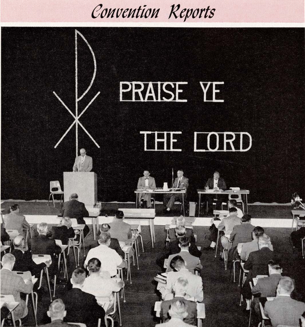 Men sitting in desks at synod convention, 1961