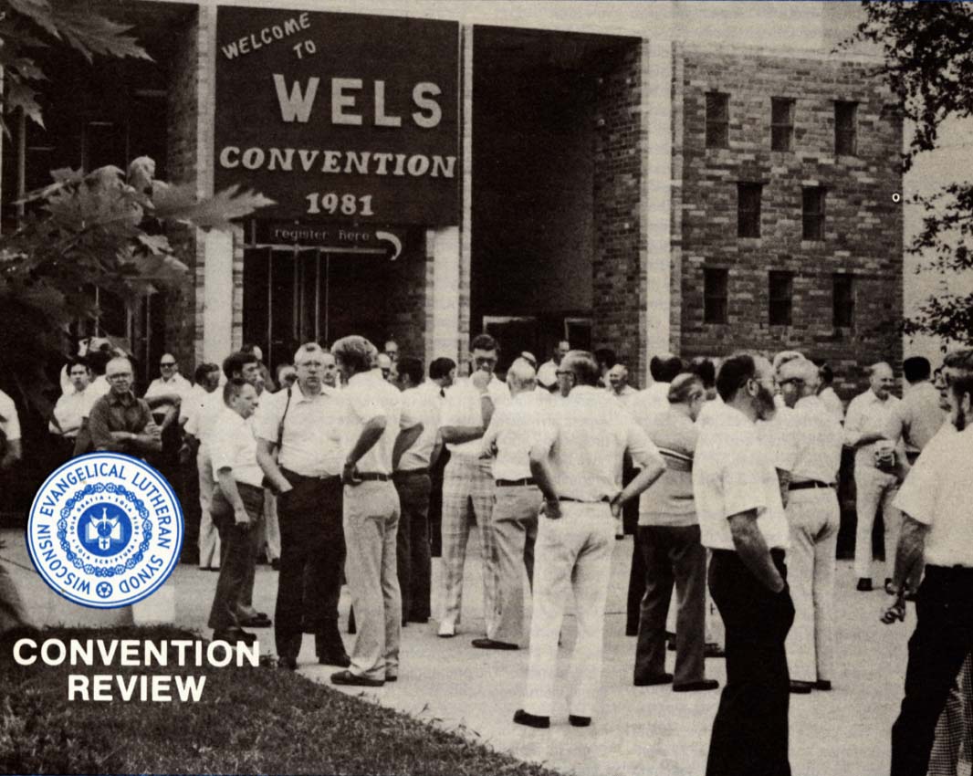 Men standing outside at synod convention, 1981