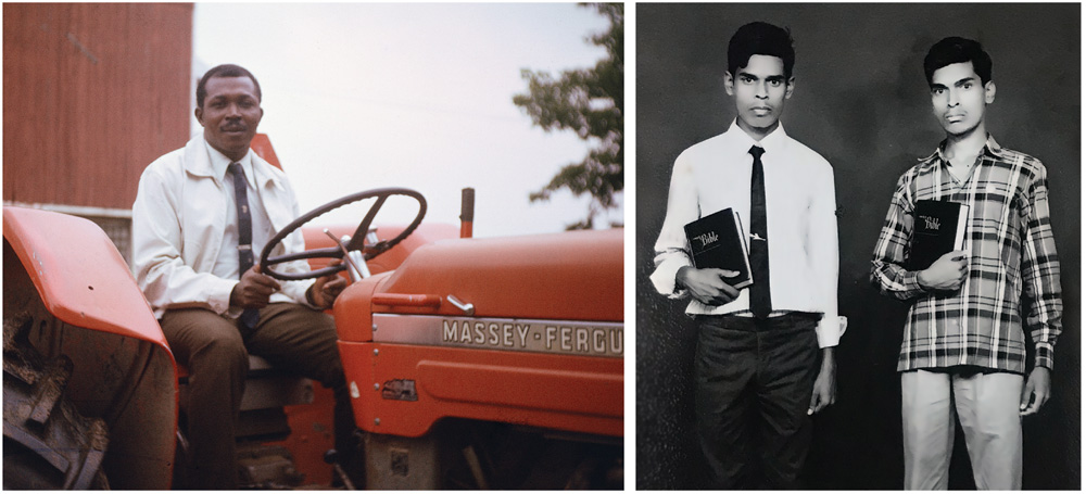 pastor on tractor and holding bibles