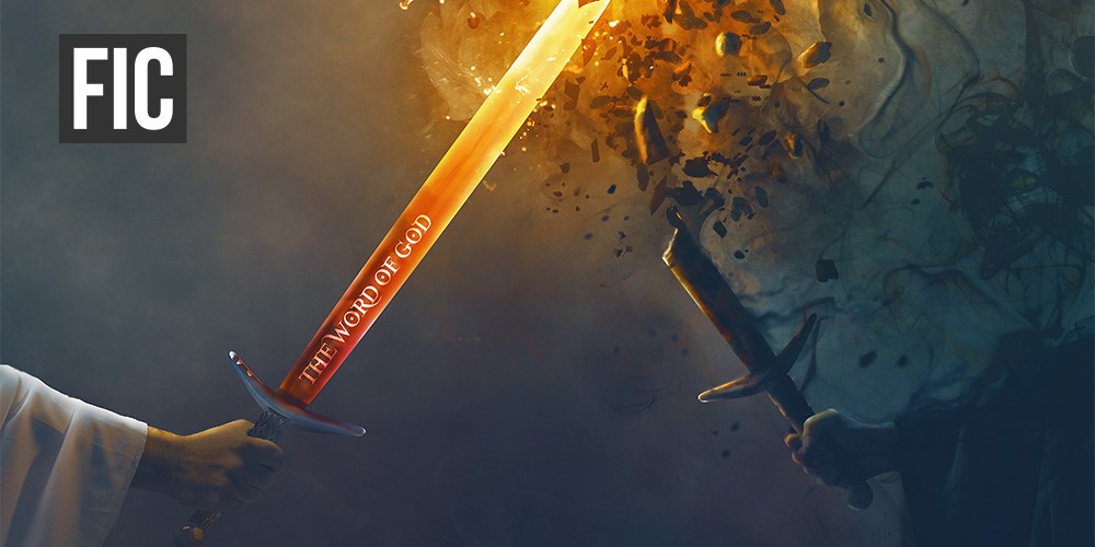 A flaming sword with the words "The Word of God" inscribed on it has defeated a black sword that is crumbling.