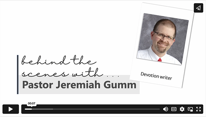 Opening of a video about Pastor Jeremiah Gumm, features Gumm's photo and the words "Behind the scenes with . . . Pastor Jeremiah Gumm"