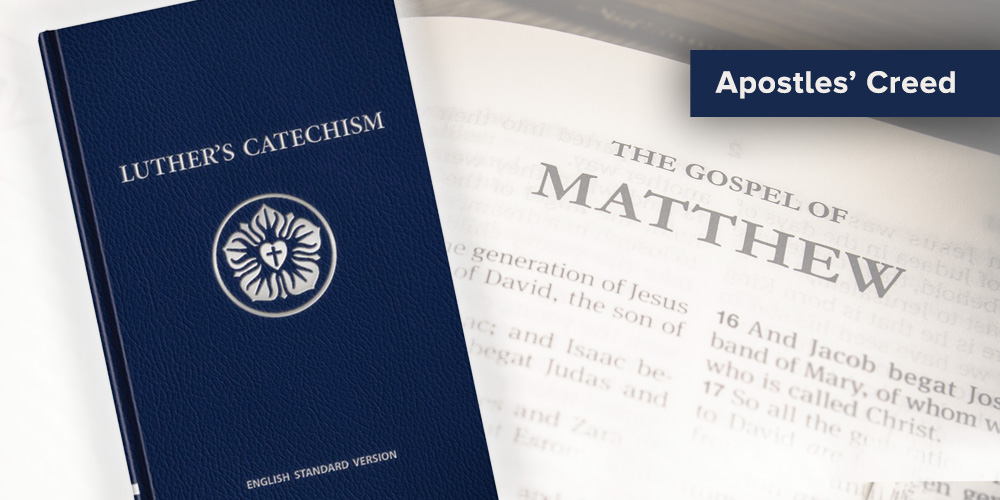 Blue book Luther's Catechism and Gospel of Matthew bible page