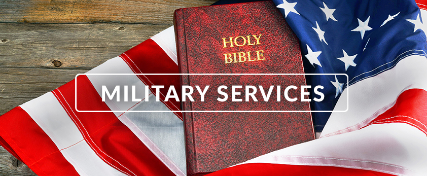 Bible with flag and the title "Military Services"