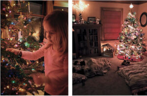 little girl decorating christmas tree and sleeping in living room