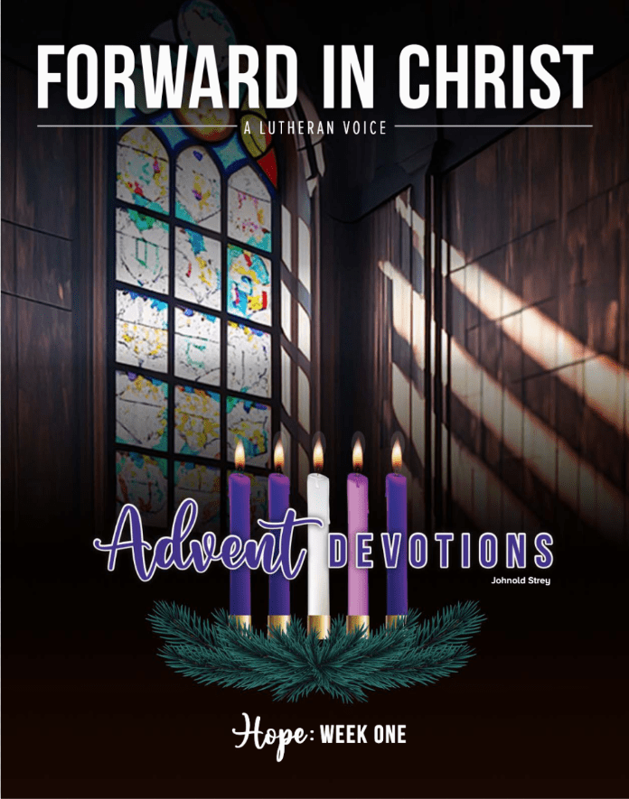 Cover of "Advent devotions, Hope: Week one" from Forward in Christ. Includes a church stained glass window and an Advent wreath with candles.