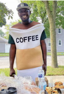 Damion Glisper wearing a coffee costume