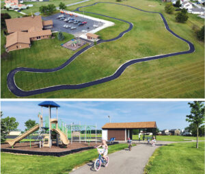 arial view of bike path and girl riding a bike