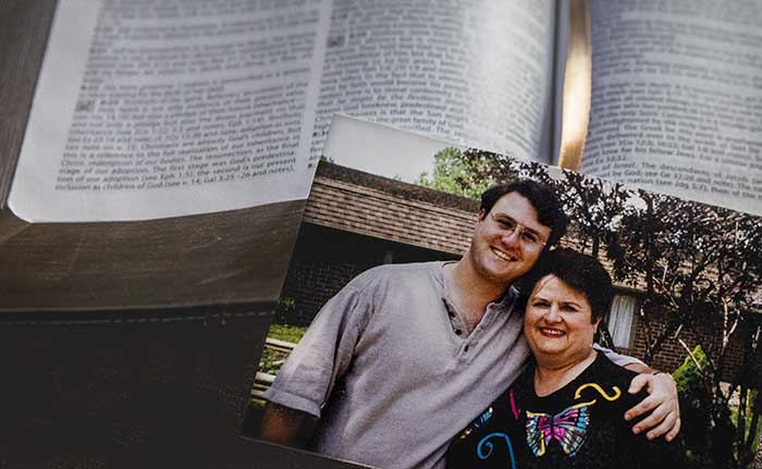 A photo of Logan Hirsh and his mom propped against an open Bible