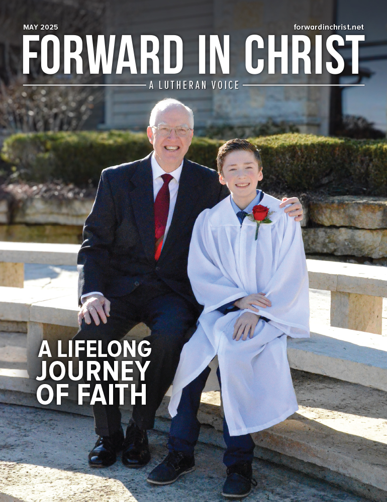 Grandpa and grandson sitting on bench outside confirmation cover of FIC may