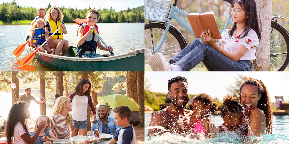 families doing fun summer things. Canoe, reading, bike, camping, swimming