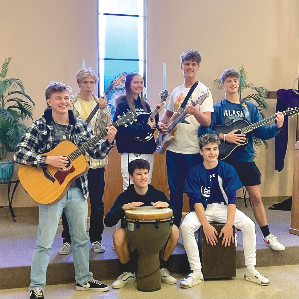young adults playing instruments, bongo, guitar
