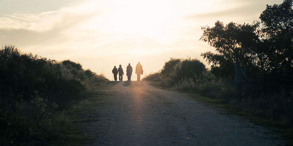 4 people walking on a path silhouette light sky