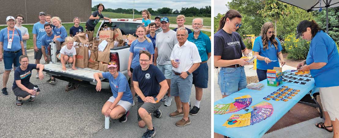 Church members pose around truck