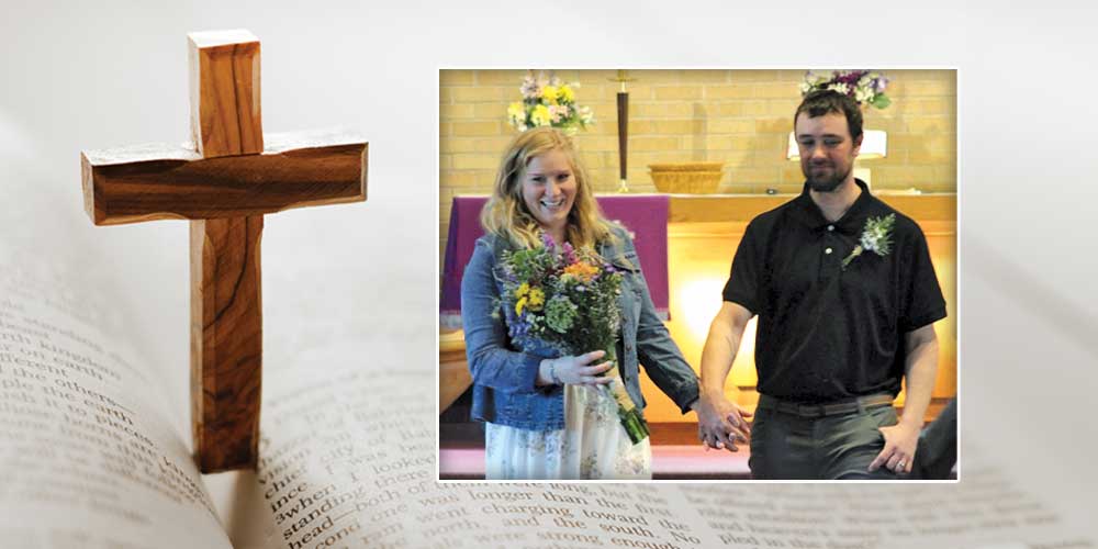 Confession of faith Skye Defourneaux in church with husband open bible and wooden cross