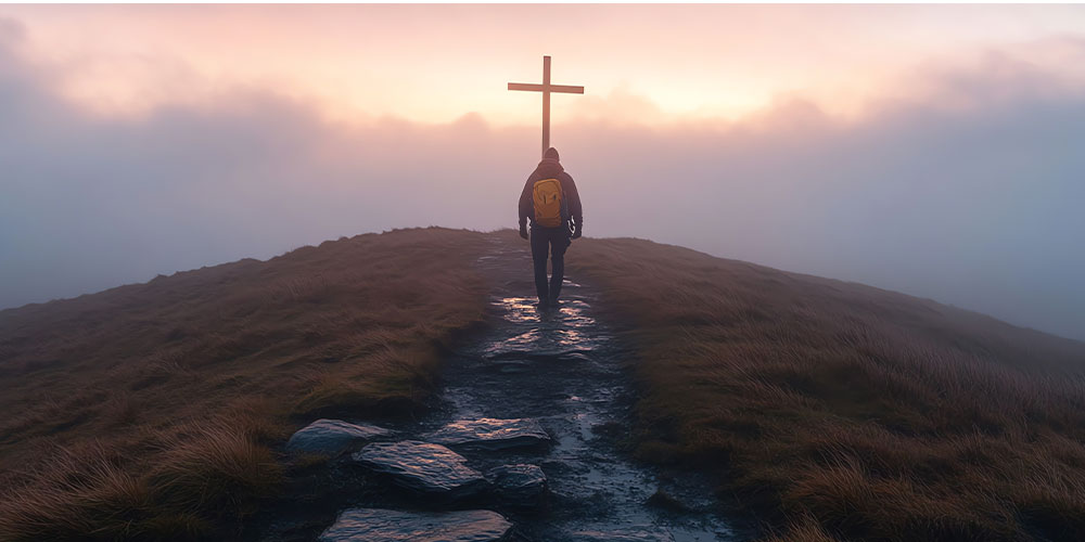 man with backpack walking rocky path to cross on hill