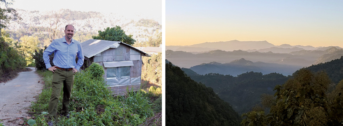 Jon Bare on a trip to an undisclosed place mountain view and Jon in front of a worn barn