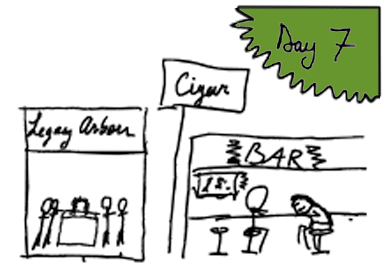 illustration sitting at bar and Day 7