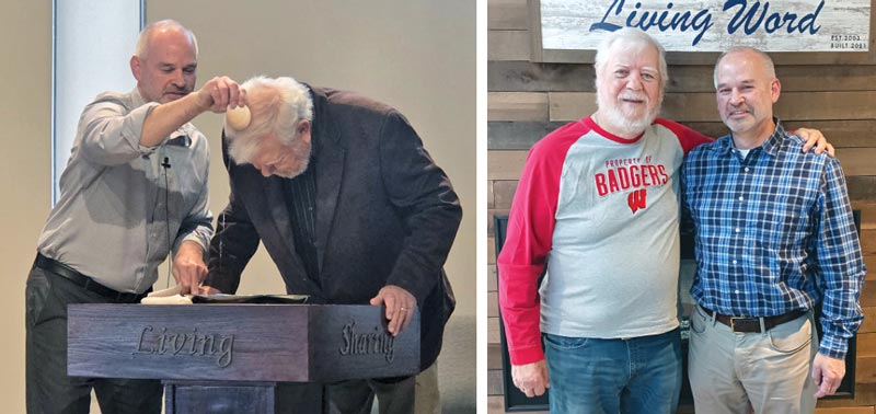 older man being baptized and older man with badger shirt with pastor at Living Word
