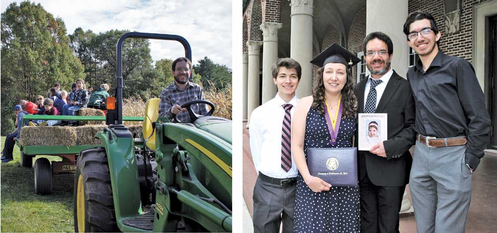Zuber Shah driving a tractor and at graduation for his wife