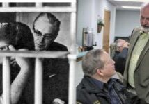 two photos one black and white in a prison and one a man talking to a police officer